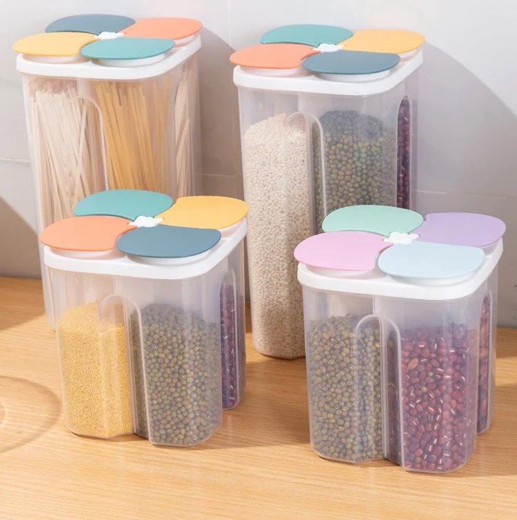 Kitchen Cereals Storage Box Plastic 4 grids Cereals Sealed Jar Food Container Moisture-proof Grain Tank Spaghetti Keep Fresh Box