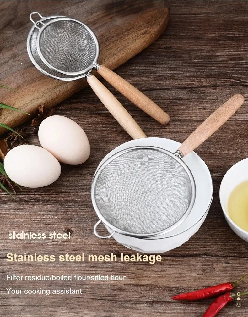 1pc 304 Stainless Steel Mesh Filter Spoon with Wooden Handle Flour Filter Spoon Household Kitchen Fried Food Filter Oil