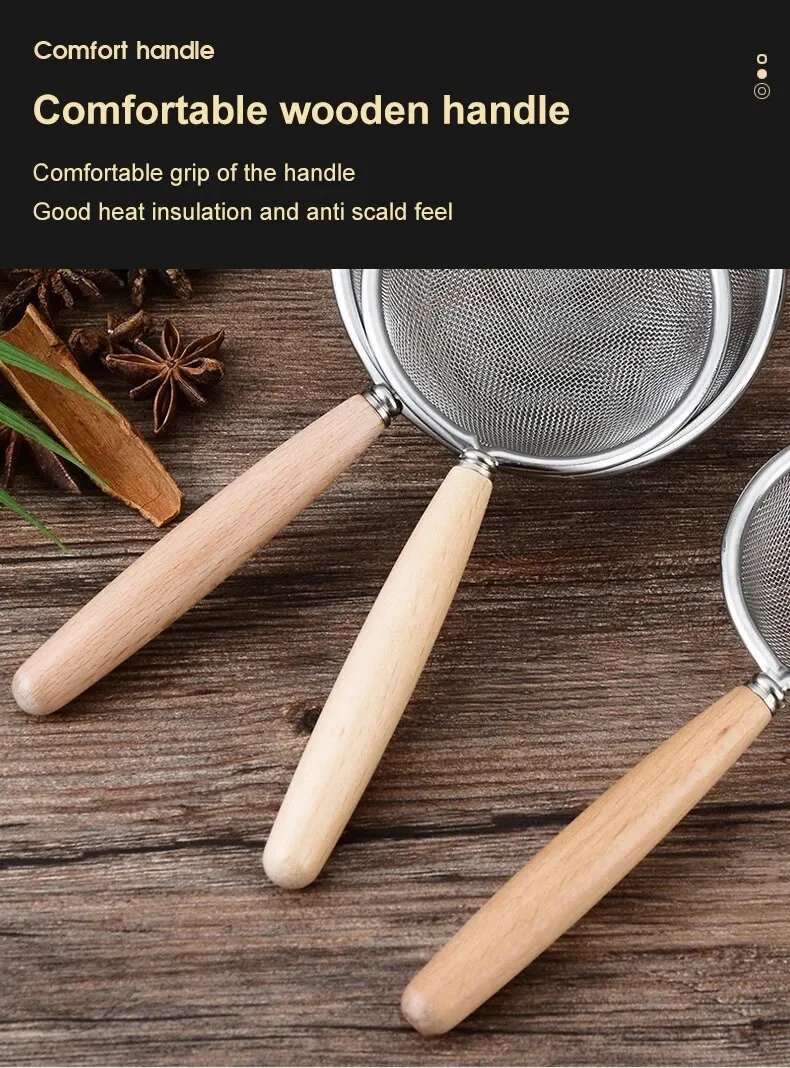 1pc 304 Stainless Steel Mesh Filter Spoon with Wooden Handle Flour Filter Spoon Household Kitchen Fried Food Filter Oil