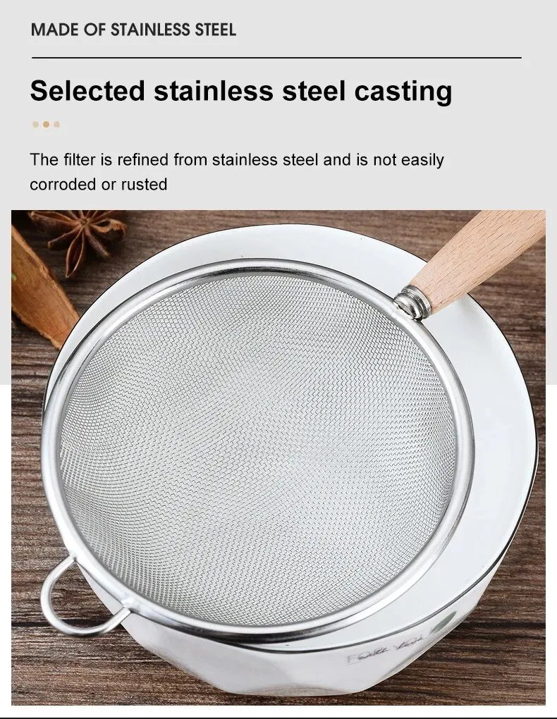 1pc 304 Stainless Steel Mesh Filter Spoon with Wooden Handle Flour Filter Spoon Household Kitchen Fried Food Filter Oil