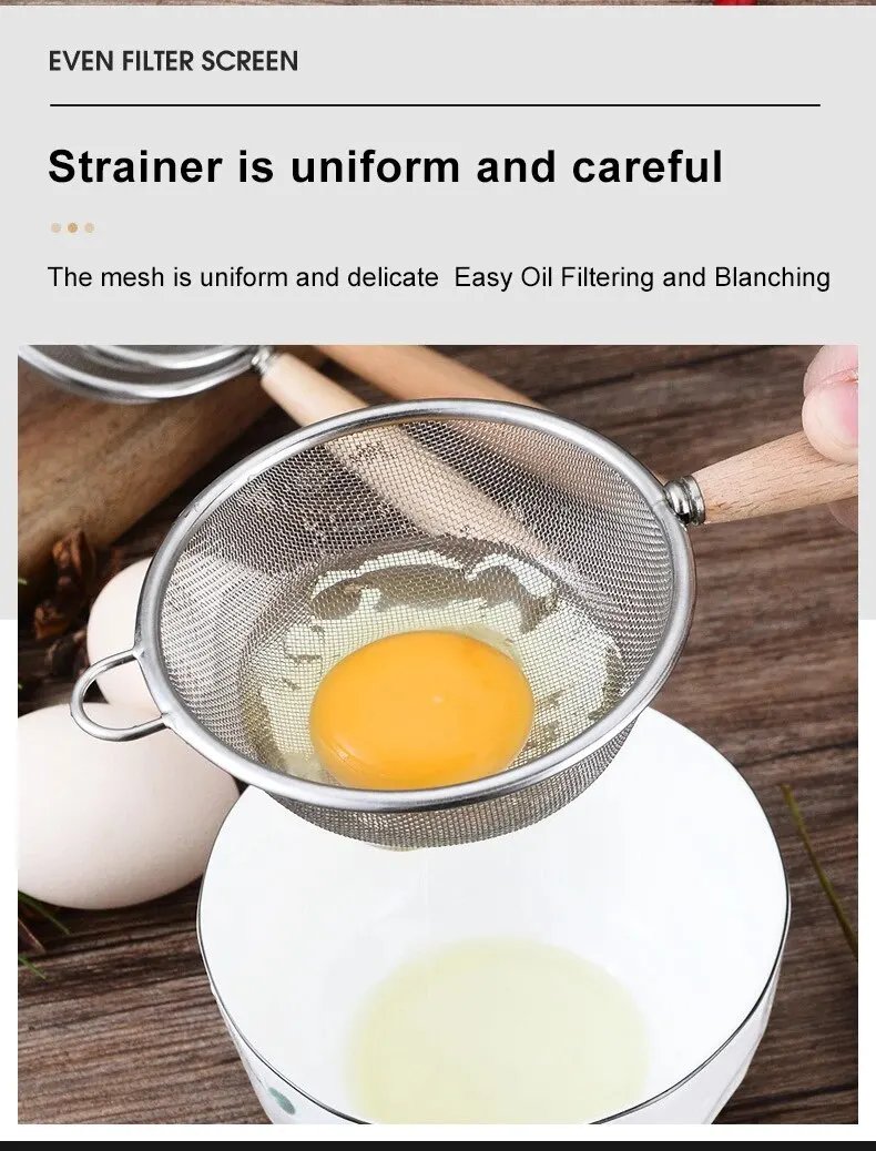 1pc 304 Stainless Steel Mesh Filter Spoon with Wooden Handle Flour Filter Spoon Household Kitchen Fried Food Filter Oil