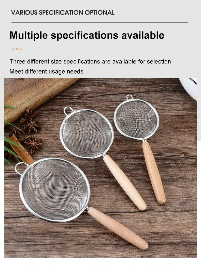 1pc 304 Stainless Steel Mesh Filter Spoon with Wooden Handle Flour Filter Spoon Household Kitchen Fried Food Filter Oil