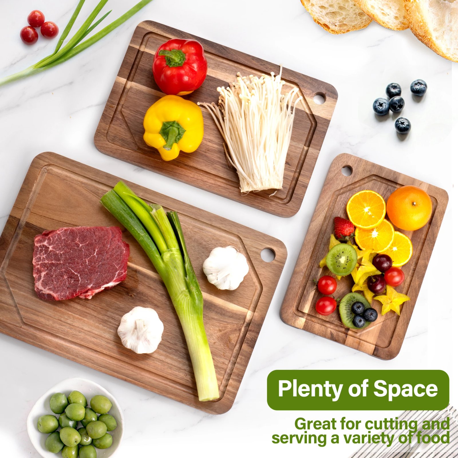 3 Pcs Set of Hanging Hole Acacia Wood Cutting Boards for Slicing Fruits Vegetables Sorting Trays with Juice Grooves And Racks 3 Pcs Set of Hanging Hole Acacia Wood Cutting Boards for Slicing Fruits Vegetables Sorting Trays with Juice Grooves And Racks