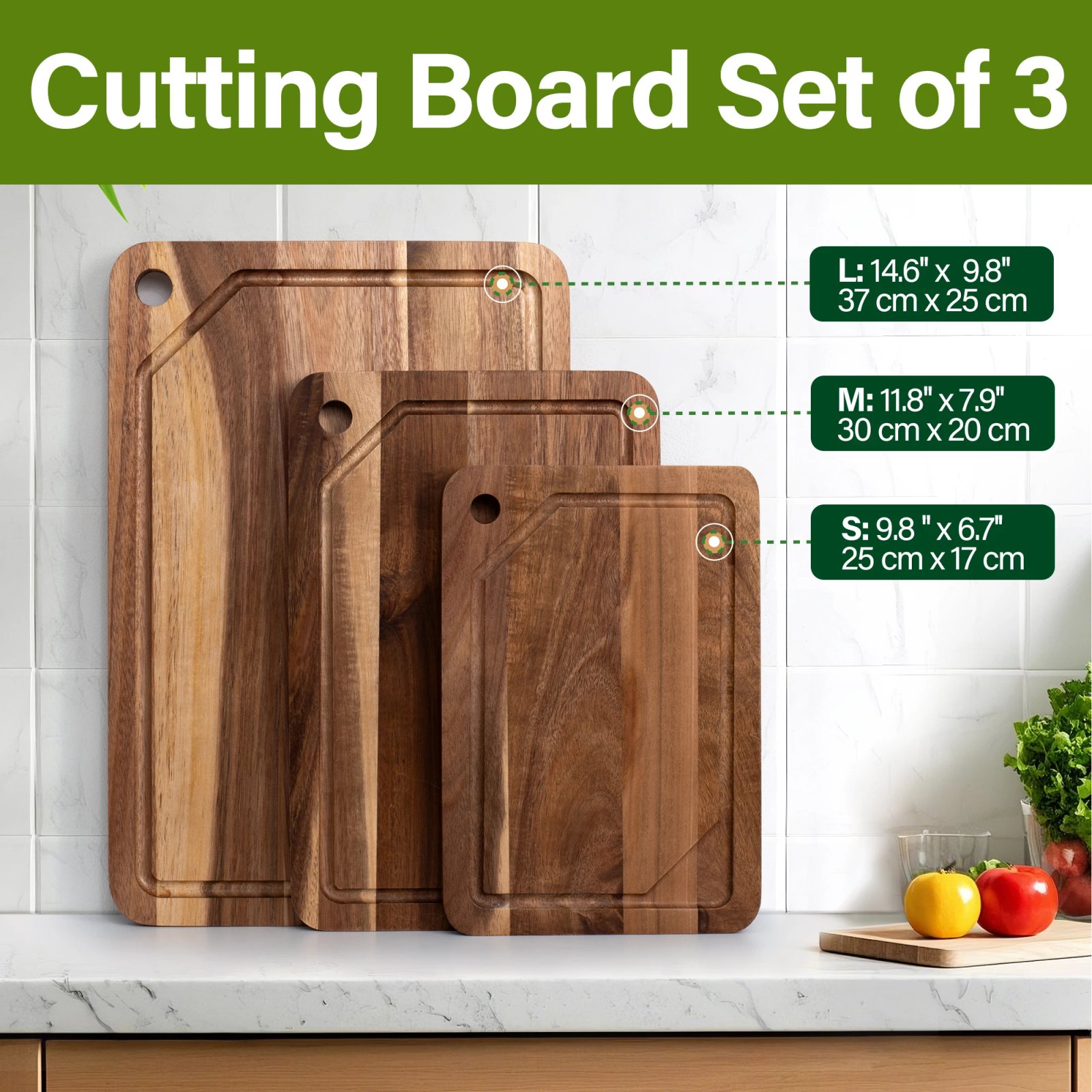 3 Pcs Set of Hanging Hole Acacia Wood Cutting Boards for Slicing Fruits Vegetables Sorting Trays with Juice Grooves And Racks 3 Pcs Set of Hanging Hole Acacia Wood Cutting Boards for Slicing Fruits Vegetables Sorting Trays with Juice Grooves And Racks