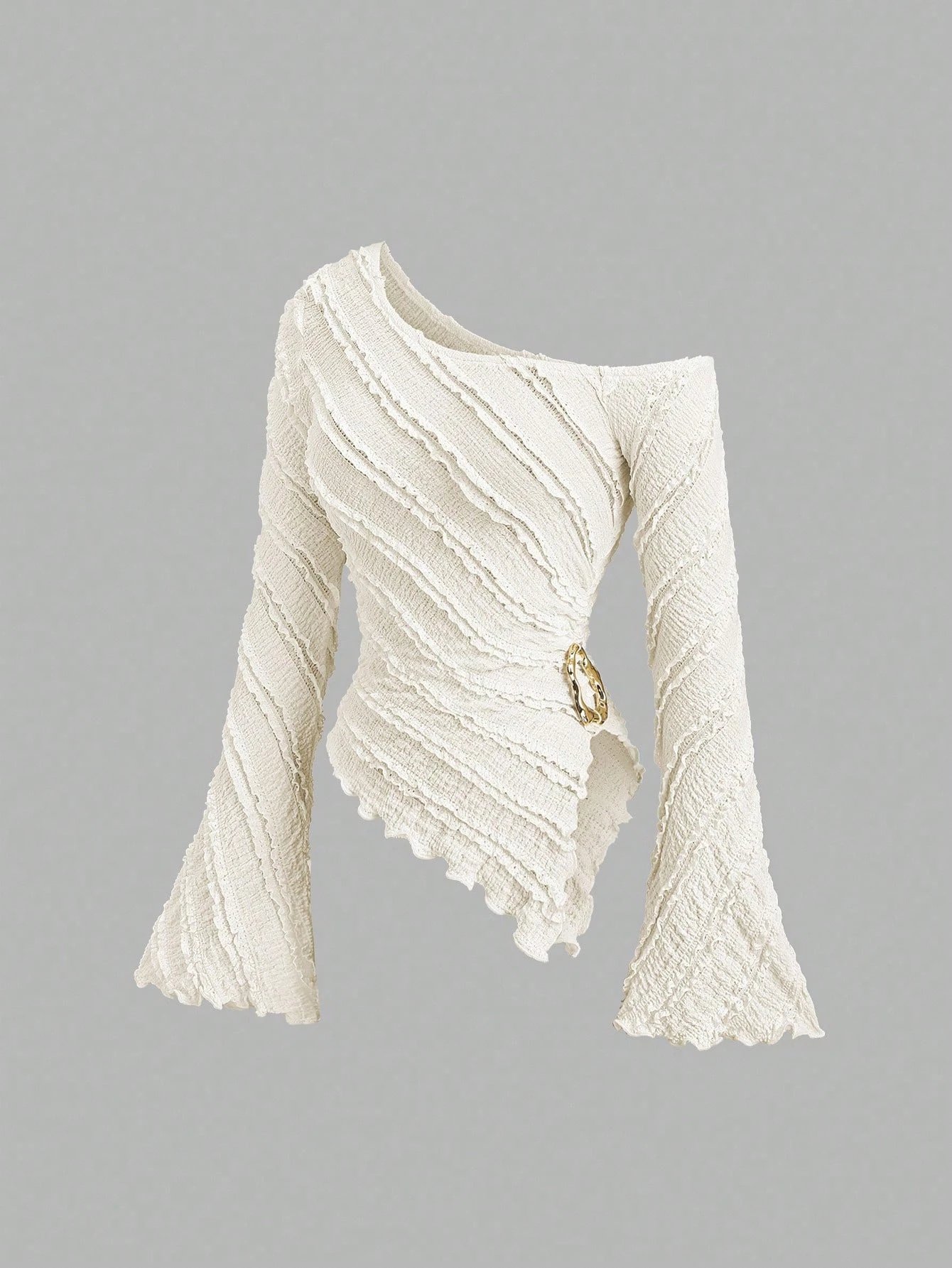 Women's Casual Textured Fabric Asymmetric Hem Flared Sleeves Blouse Commute Side Metal Decor One Shoulder Tops Spring/Fall 2026 Women's Casual Textured Fabric Asymmetric Hem Flared Sleeves Blouse Commute Side Metal Decor One Shoulder Tops Spring/Fall 2026