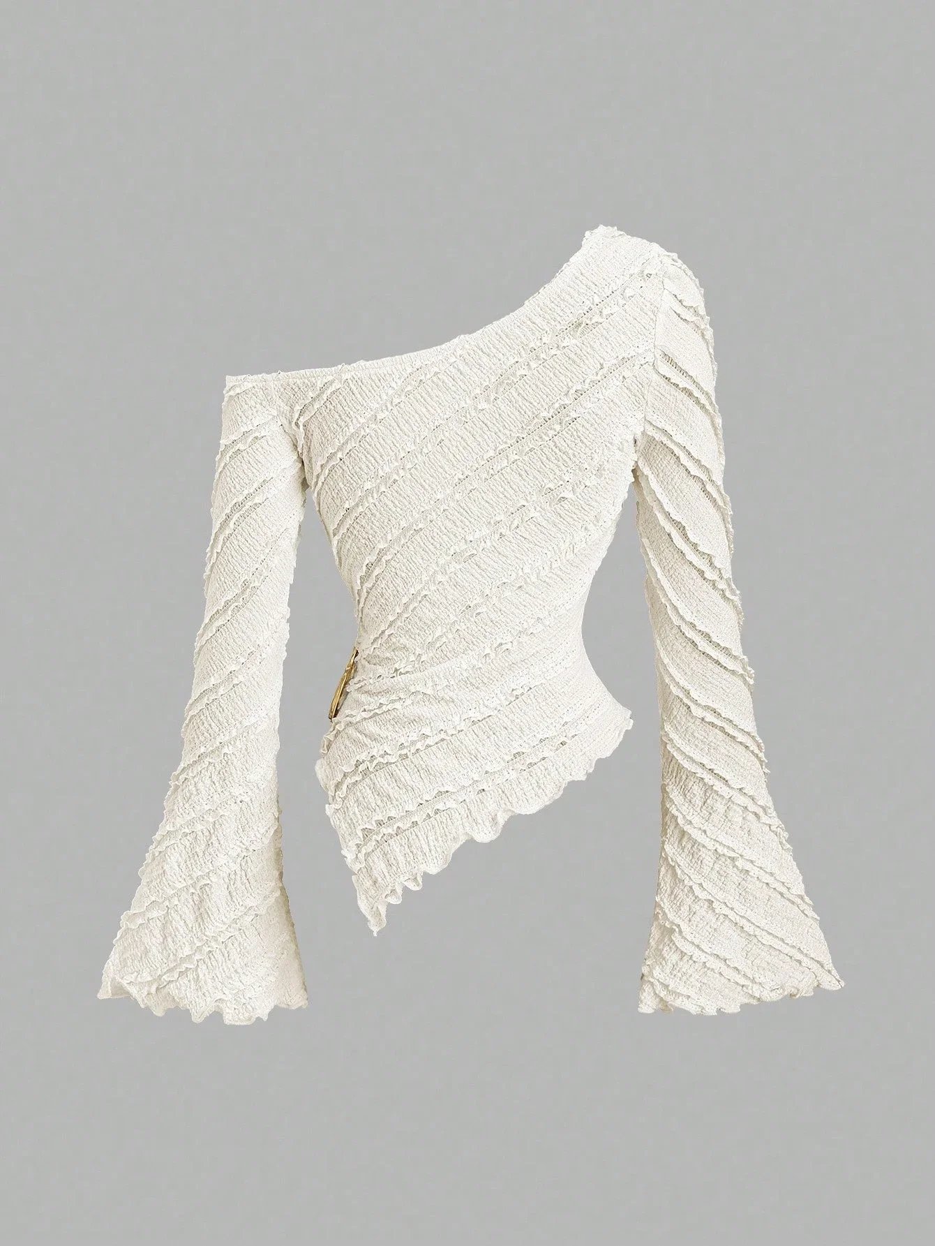 Women's Casual Textured Fabric Asymmetric Hem Flared Sleeves Blouse Commute Side Metal Decor One Shoulder Tops Spring/Fall 2026 Women's Casual Textured Fabric Asymmetric Hem Flared Sleeves Blouse Commute Side Metal Decor One Shoulder Tops Spring/Fall 2026