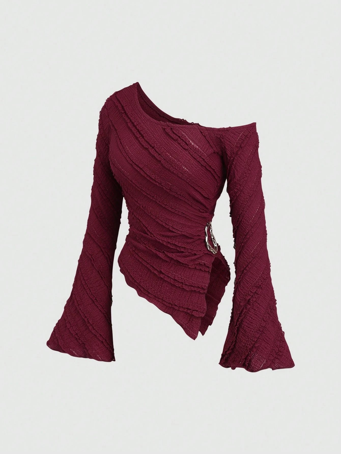 Women's Casual Textured Fabric Asymmetric Hem Flared Sleeves Blouse Commute Side Metal Decor One Shoulder Tops Spring/Fall 2026 Women's Casual Textured Fabric Asymmetric Hem Flared Sleeves Blouse Commute Side Metal Decor One Shoulder Tops Spring/Fall 2026