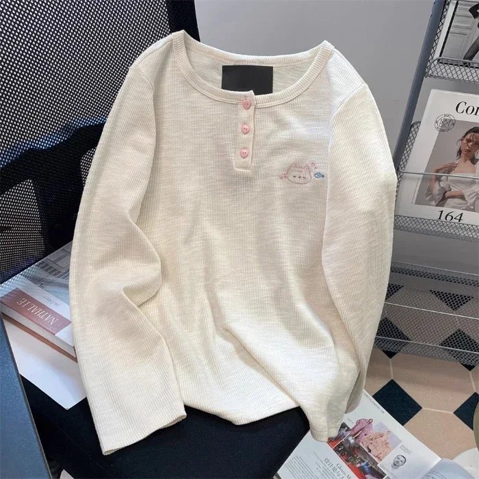 Women's Ribbed Long Sleeve T-Shirt Cotton Slim Fit Round Neck Top with 3 Buttons Y2K Sweet Cute Pink Tee Spring Casual Tops Women's Ribbed Long Sleeve T-Shirt Cotton Slim Fit Round Neck Top with 3 Buttons Y2K Sweet Cute Pink Tee Spring Casual Tops
