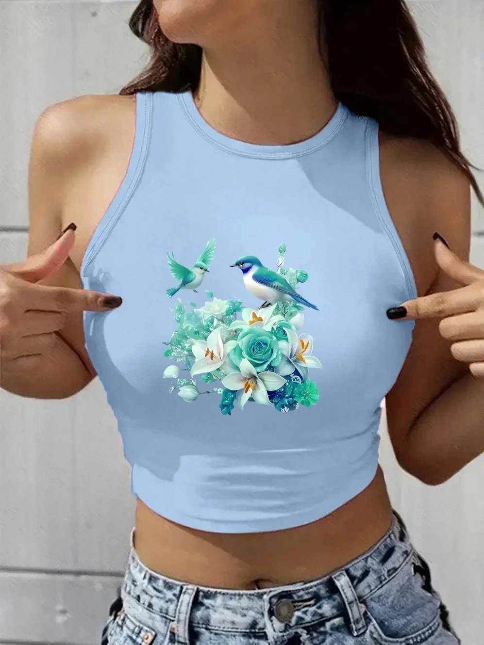 2026 Elegant Floral Print Women's Tanks Street Fashion Round Neck Tanks Top Sexy Hot Girl Sleeveless Short Style Woman Clothing