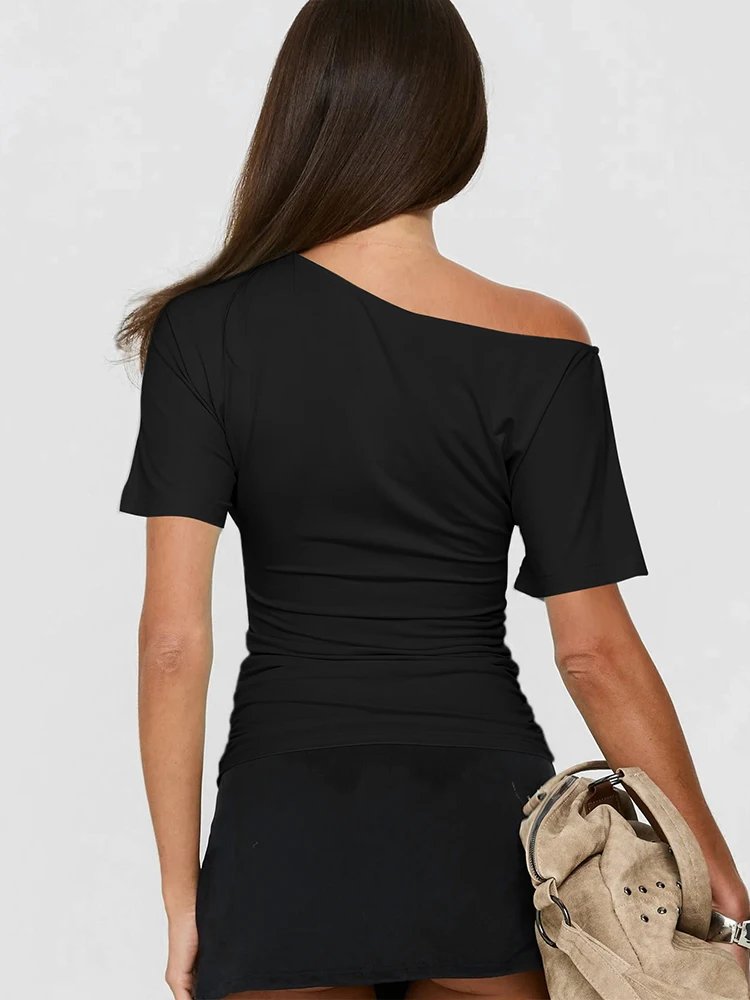 Women's Off Shoulder Tops Summer New Fashion Slim Solid Short Sleeve Cropped Femme Party Sexy Street Casual Basics Pullover Tees