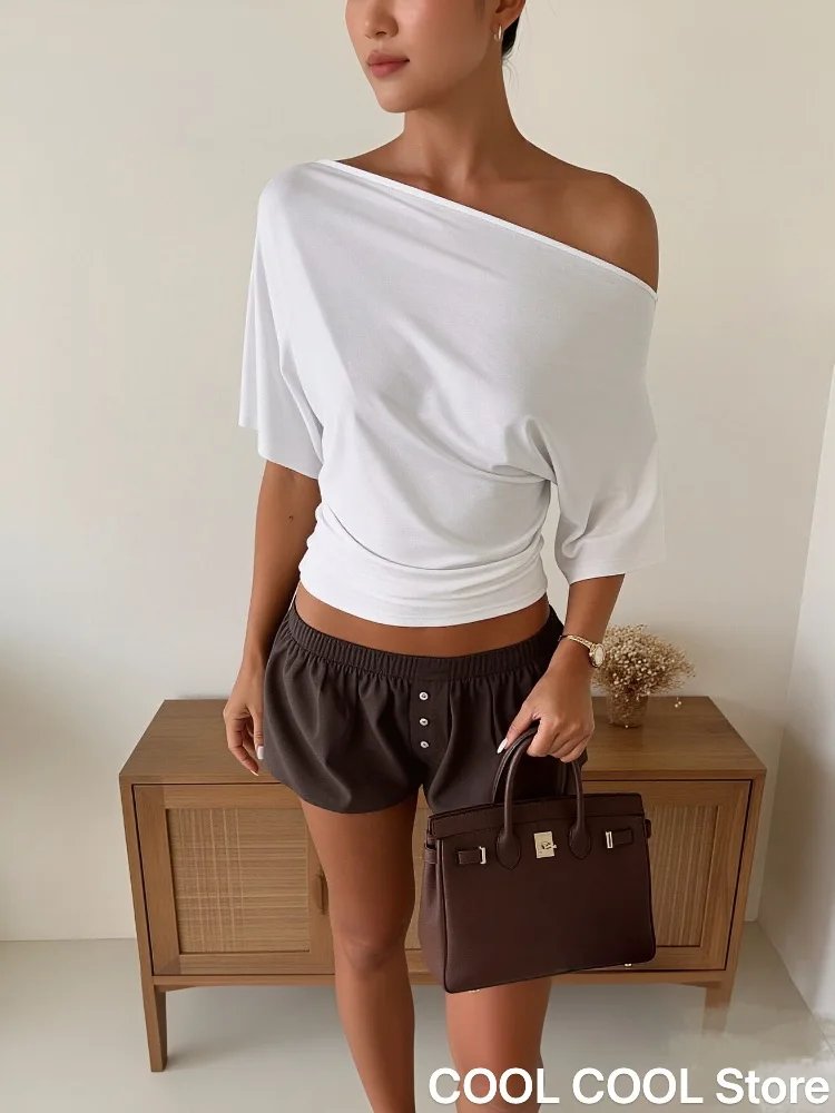 Women's Off Shoulder Tops Summer New Fashion Slim Solid Short Sleeve Cropped Femme Party Sexy Street Casual Basics Pullover Tees