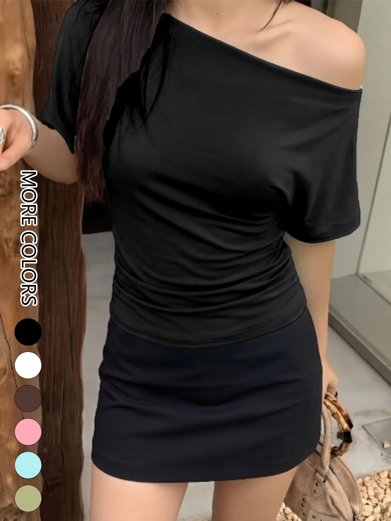 Women's Off Shoulder Tops Summer New Fashion Slim Solid Short Sleeve Cropped Femme Party Sexy Street Casual Basics Pullover Tees