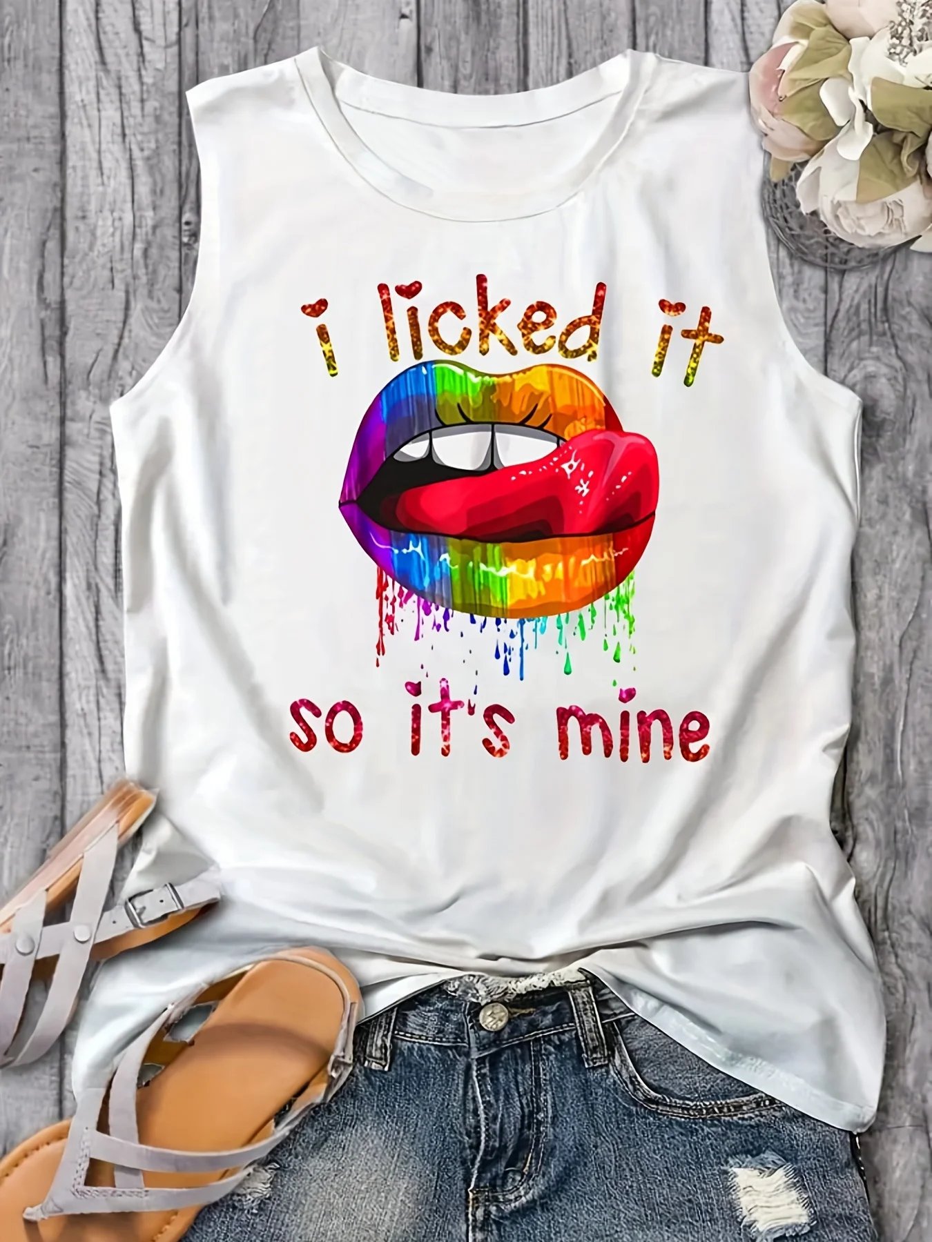 Women's Summer Colorful Lips Letter Print Loose Large Breathable and Comfortable Sleeveless Tank Top T-shirt