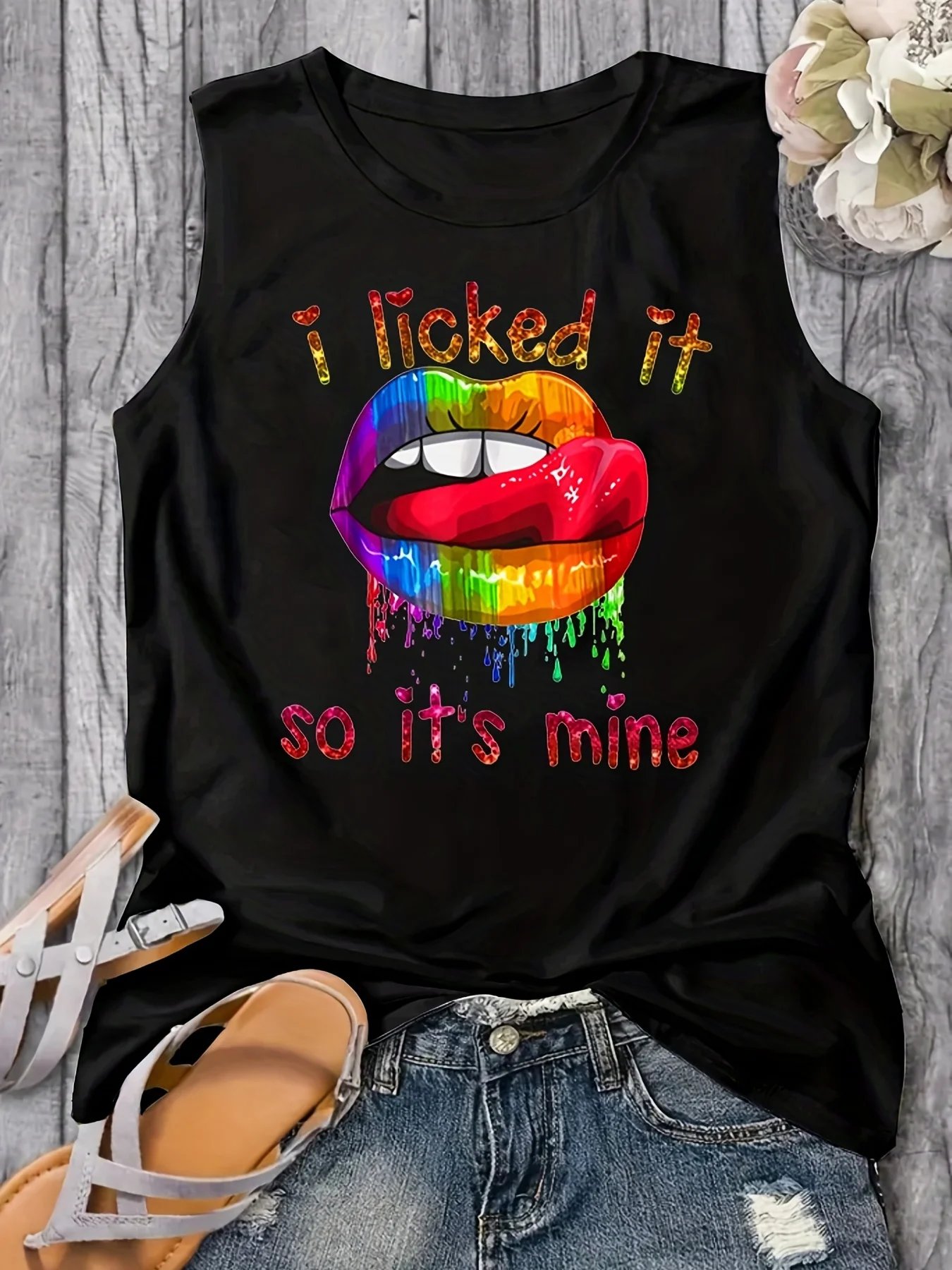 Women's Summer Colorful Lips Letter Print Loose Large Breathable and Comfortable Sleeveless Tank Top T-shirt