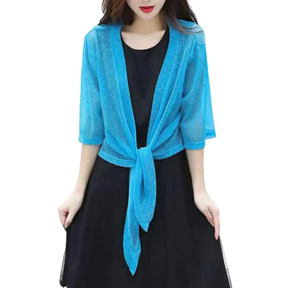 Women's Sparkling Lace-Up Cardigan Summer Sheer Cover Up Lightweight Loose Blouse Half Sleeve Beachwear Casual Glitter Jacket