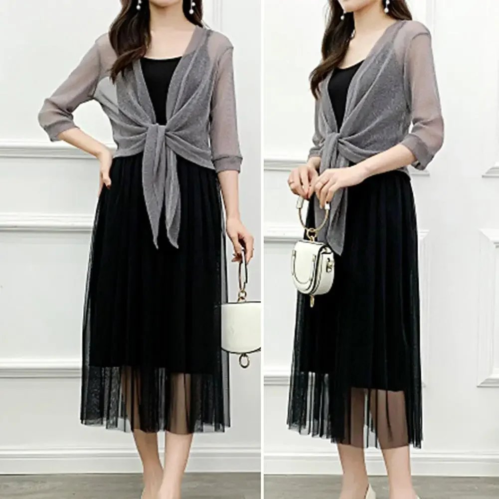 Women's Sparkling Lace-Up Cardigan Summer Sheer Cover Up Lightweight Loose Blouse Half Sleeve Beachwear Casual Glitter Jacket