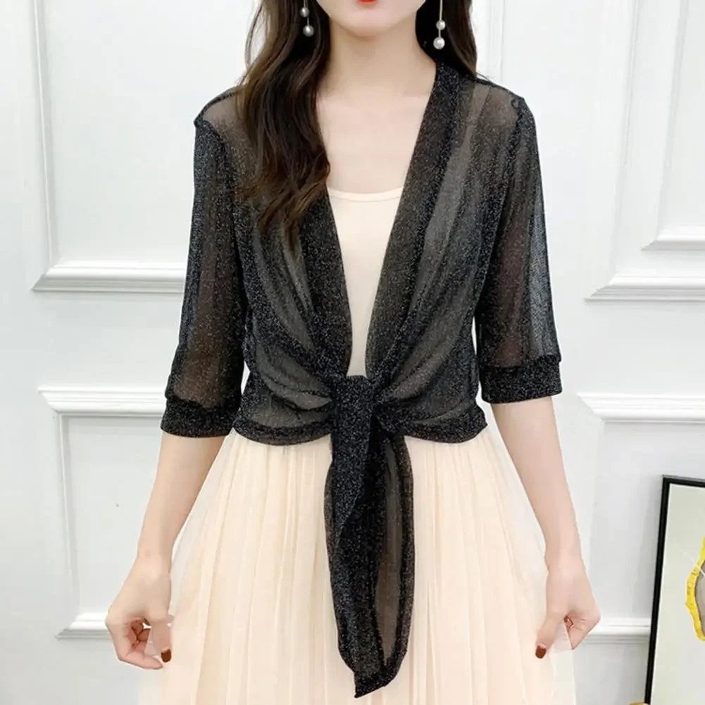 Women's Sparkling Lace-Up Cardigan Summer Sheer Cover Up Lightweight Loose Blouse Half Sleeve Beachwear Casual Glitter Jacket