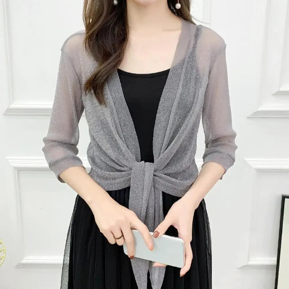 Women's Sparkling Lace-Up Cardigan Summer Sheer Cover Up Lightweight Loose Blouse Half Sleeve Beachwear Casual Glitter Jacket