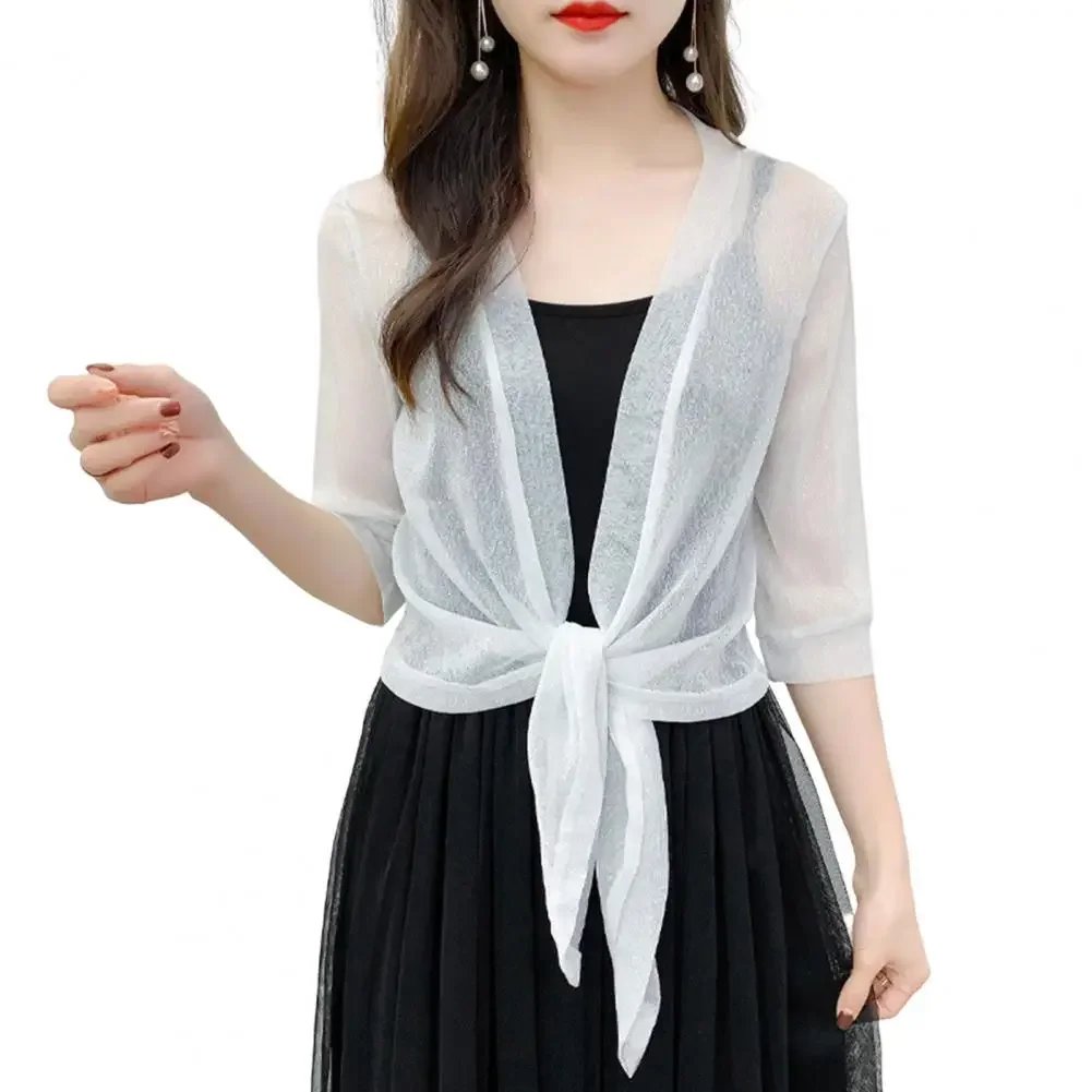 Women's Sparkling Lace-Up Cardigan Summer Sheer Cover Up Lightweight Loose Blouse Half Sleeve Beachwear Casual Glitter Jacket