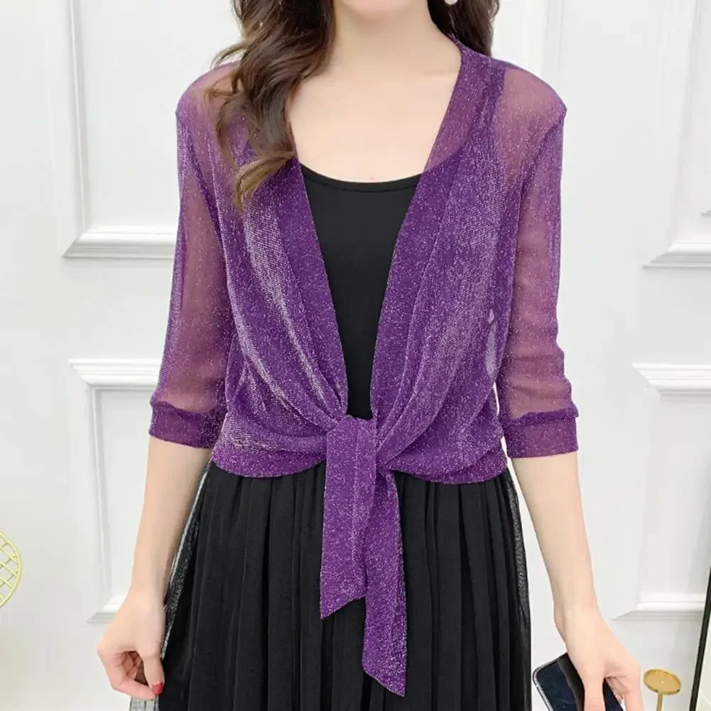 Women's Sparkling Lace-Up Cardigan Summer Sheer Cover Up Lightweight Loose Blouse Half Sleeve Beachwear Casual Glitter Jacket Women's Sparkling Lace-Up Cardigan Summer Sheer Cover Up Lightweight Loose Blouse Half Sleeve Beachwear Casual Glitter Jacket