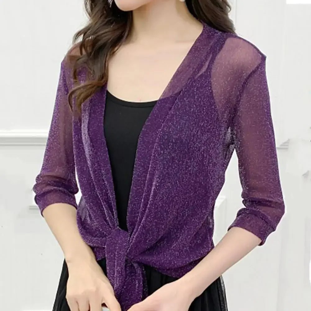 Women's Sparkling Lace-Up Cardigan Summer Sheer Cover Up Lightweight Loose Blouse Half Sleeve Beachwear Casual Glitter Jacket