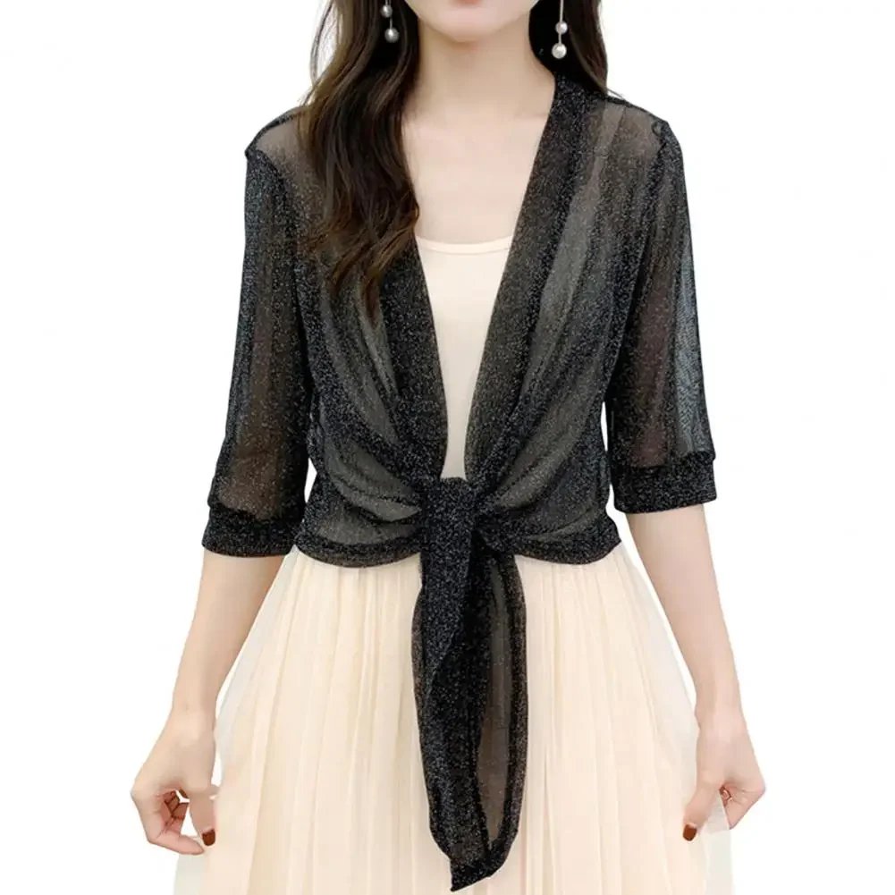 Women's Sparkling Lace-Up Cardigan Summer Sheer Cover Up Lightweight Loose Blouse Half Sleeve Beachwear Casual Glitter Jacket
