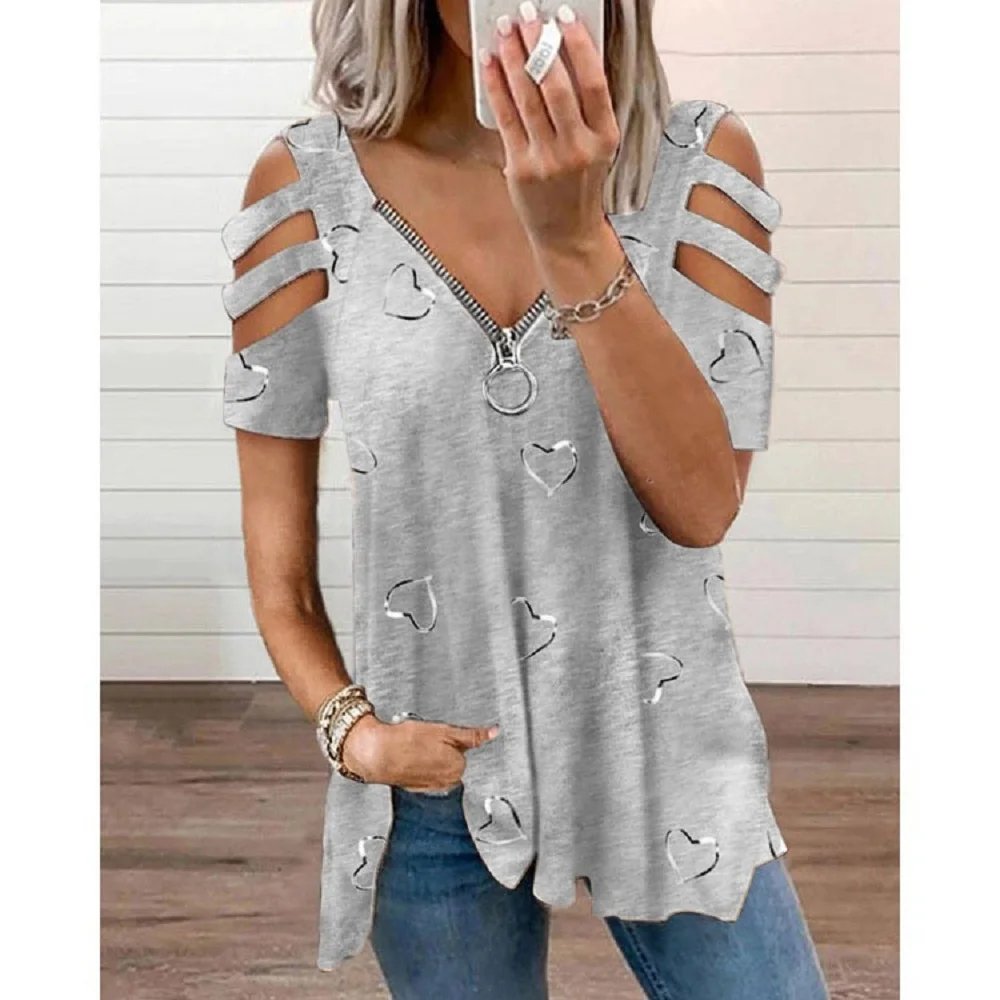 2024 Summer Women's V-Neck Zipper Printed Short Sleeve Tops Loose T-Shirts