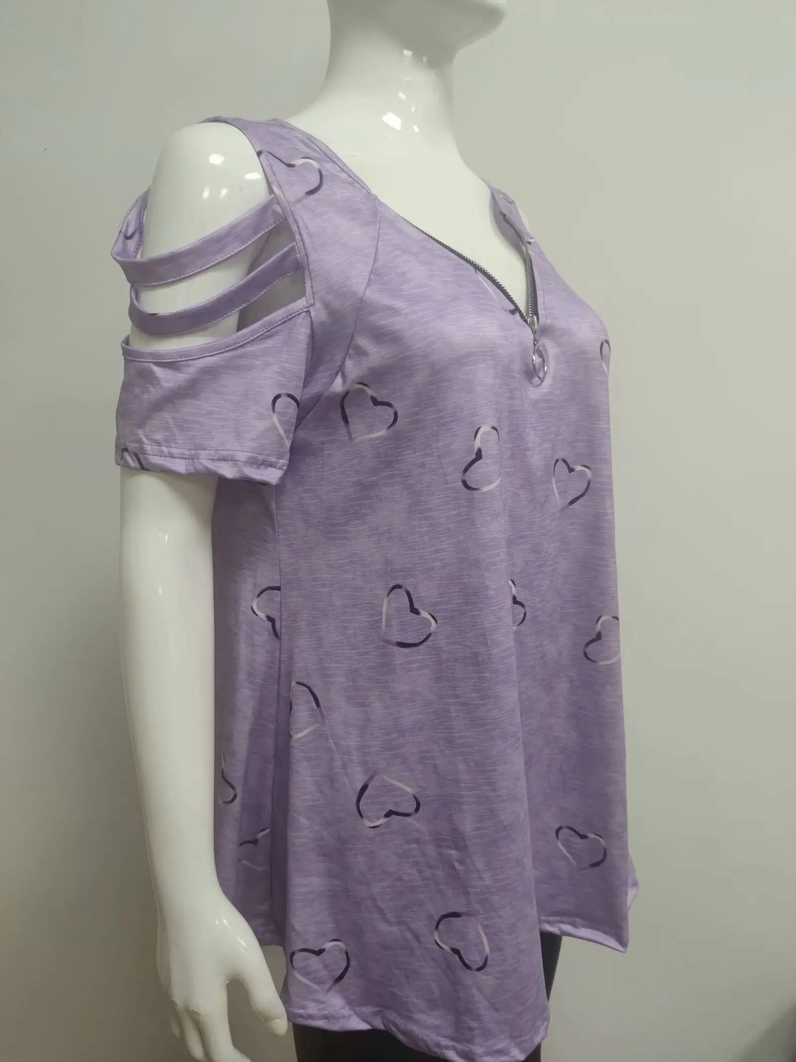 2024 Summer Women's V-Neck Zipper Printed Short Sleeve Tops Loose T-Shirts