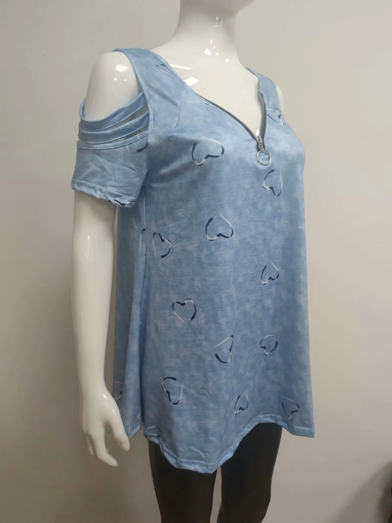 2024 Summer Women's V-Neck Zipper Printed Short Sleeve Tops Loose T-Shirts