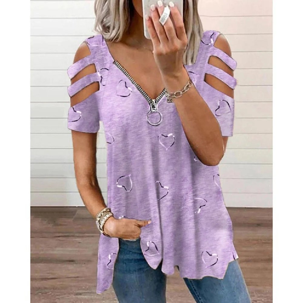 2024 Summer Women's V-Neck Zipper Printed Short Sleeve Tops Loose T-Shirts