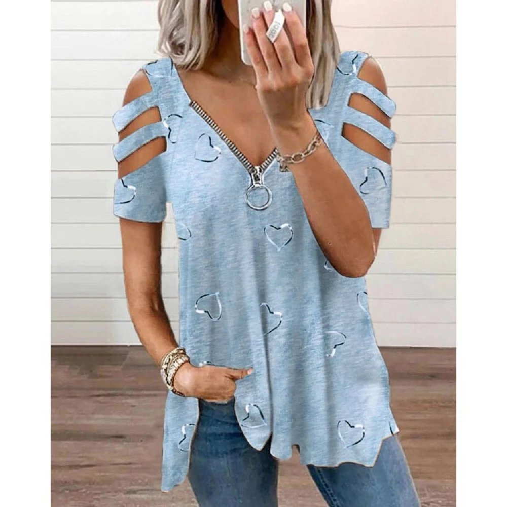 2024 Summer Women's V-Neck Zipper Printed Short Sleeve Tops Loose T-Shirts