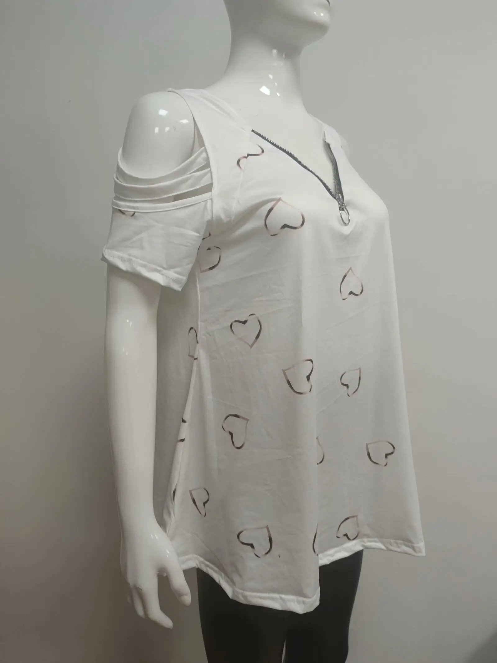 2024 Summer Women's V-Neck Zipper Printed Short Sleeve Tops Loose T-Shirts