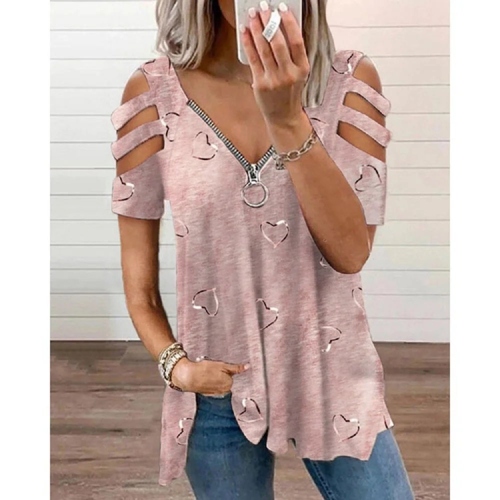 2024 Summer Women's V-Neck Zipper Printed Short Sleeve Tops Loose T-Shirts