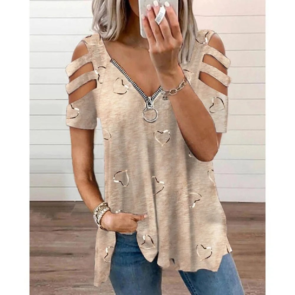 2024 Summer Women's V-Neck Zipper Printed Short Sleeve Tops Loose T-Shirts
