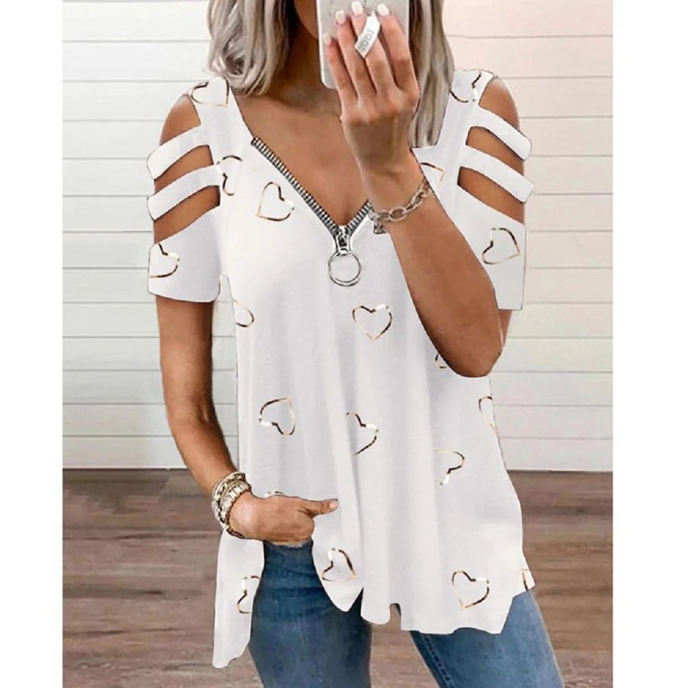 2024 Summer Women's V-Neck Zipper Printed Short Sleeve Tops Loose T-Shirts