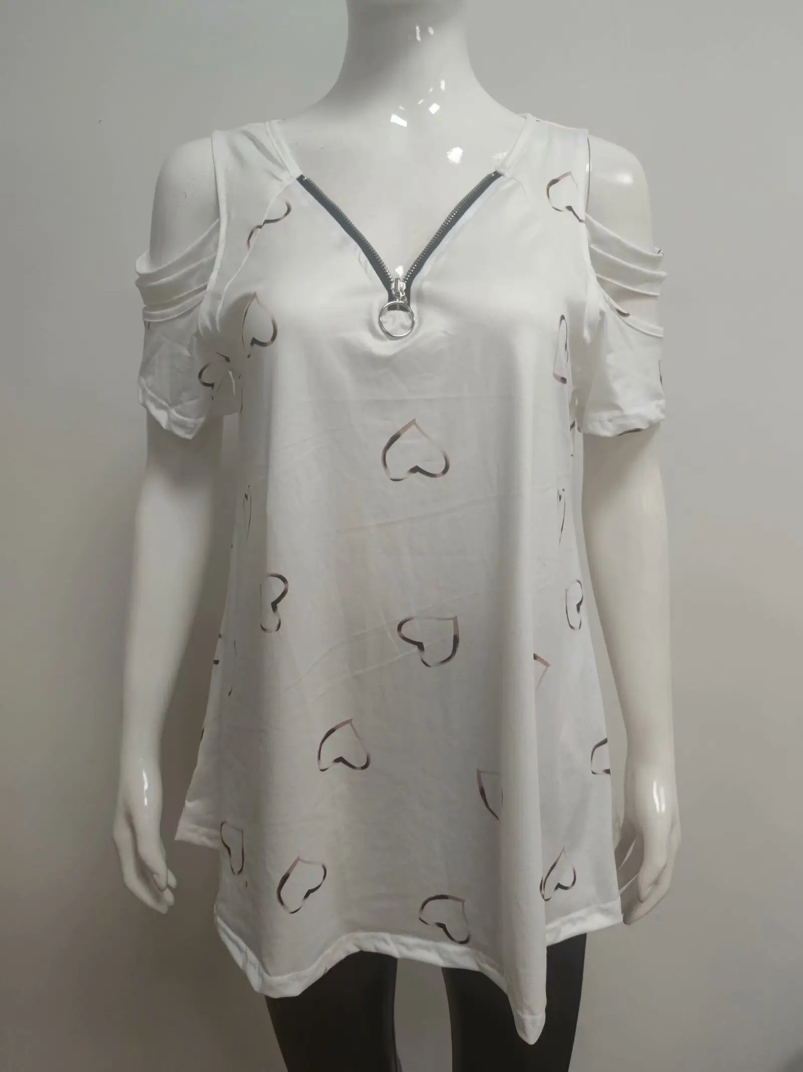 2024 Summer Women's V-Neck Zipper Printed Short Sleeve Tops Loose T-Shirts