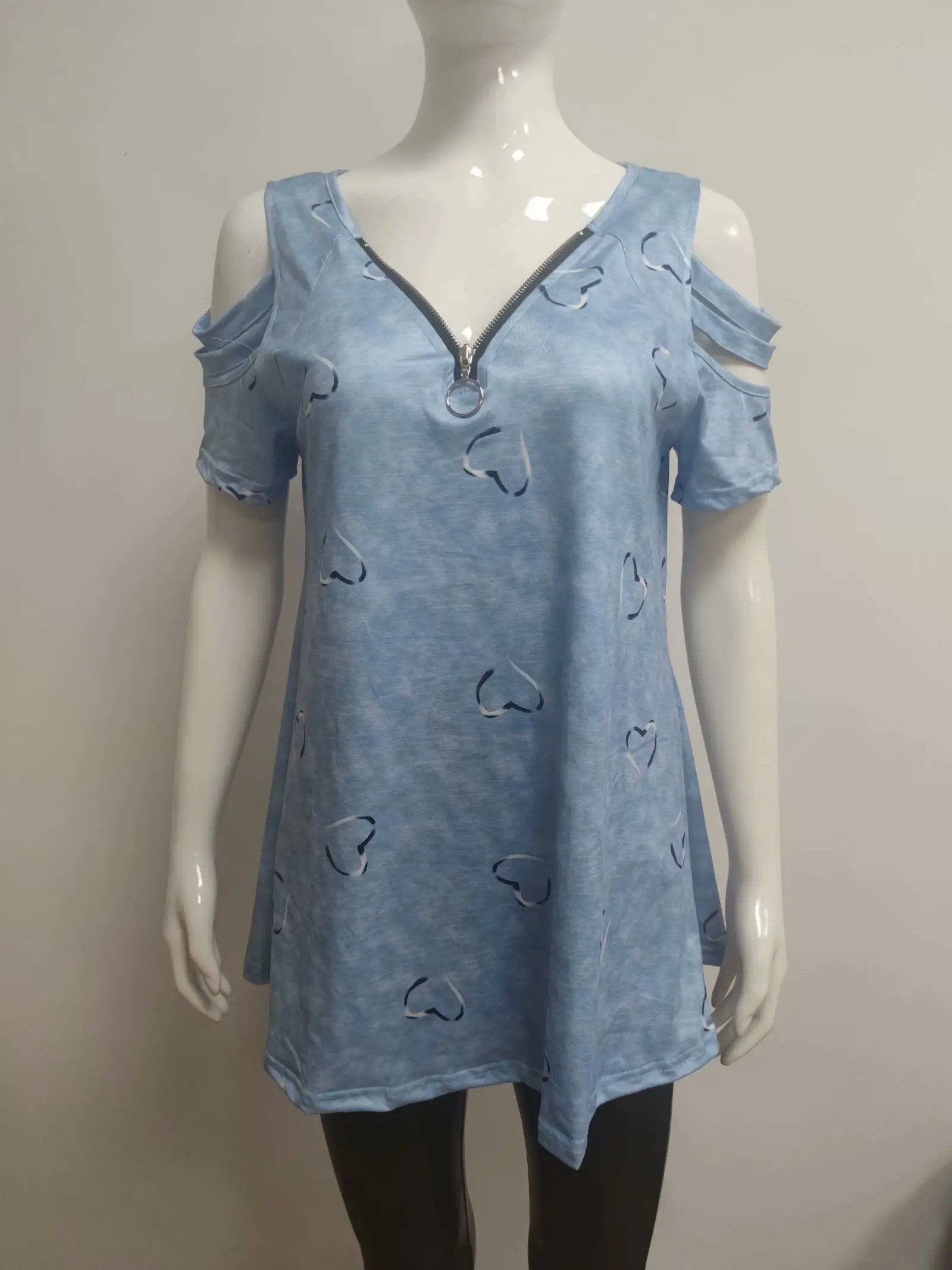 2024 Summer Women's V-Neck Zipper Printed Short Sleeve Tops Loose T-Shirts