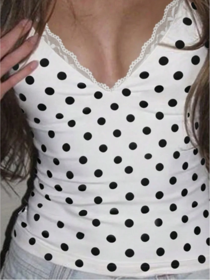 Women's Fashion Casual Retro Simple Versatile Lace‑Trimmed V‑Neck Polka‑Dot Short‑Sleeve T‑Shirt Women's Fashion Casual Retro Simple Versatile Lace‑Trimmed V‑Neck Polka‑Dot Short‑Sleeve T‑Shirt