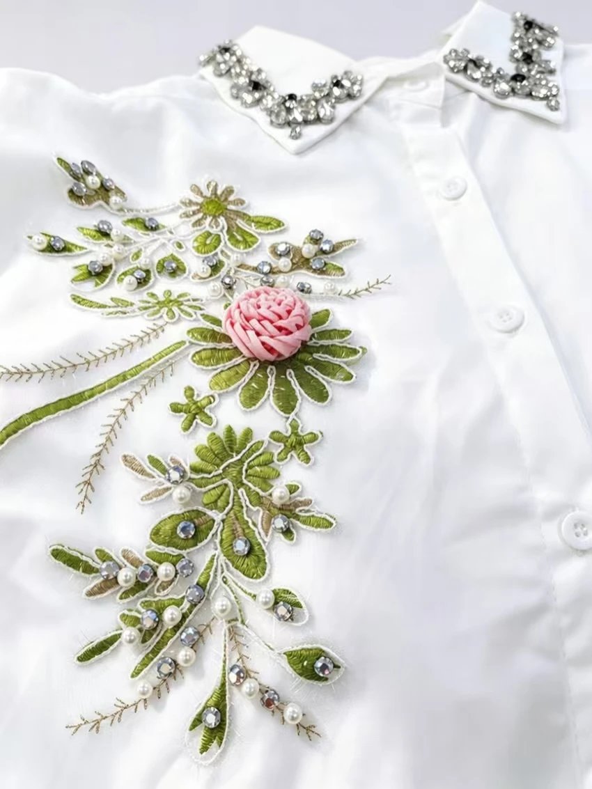 Luxury Design Handmade Bling Diamonds Embroidery White Cotton Shirts Blouses Women's Long Sleeve Oversize Tops Woman Clothes Luxury Design Handmade Bling Diamonds Embroidery White Cotton Shirts Blouses Women's Long Sleeve Oversize Tops Woman Clothes
