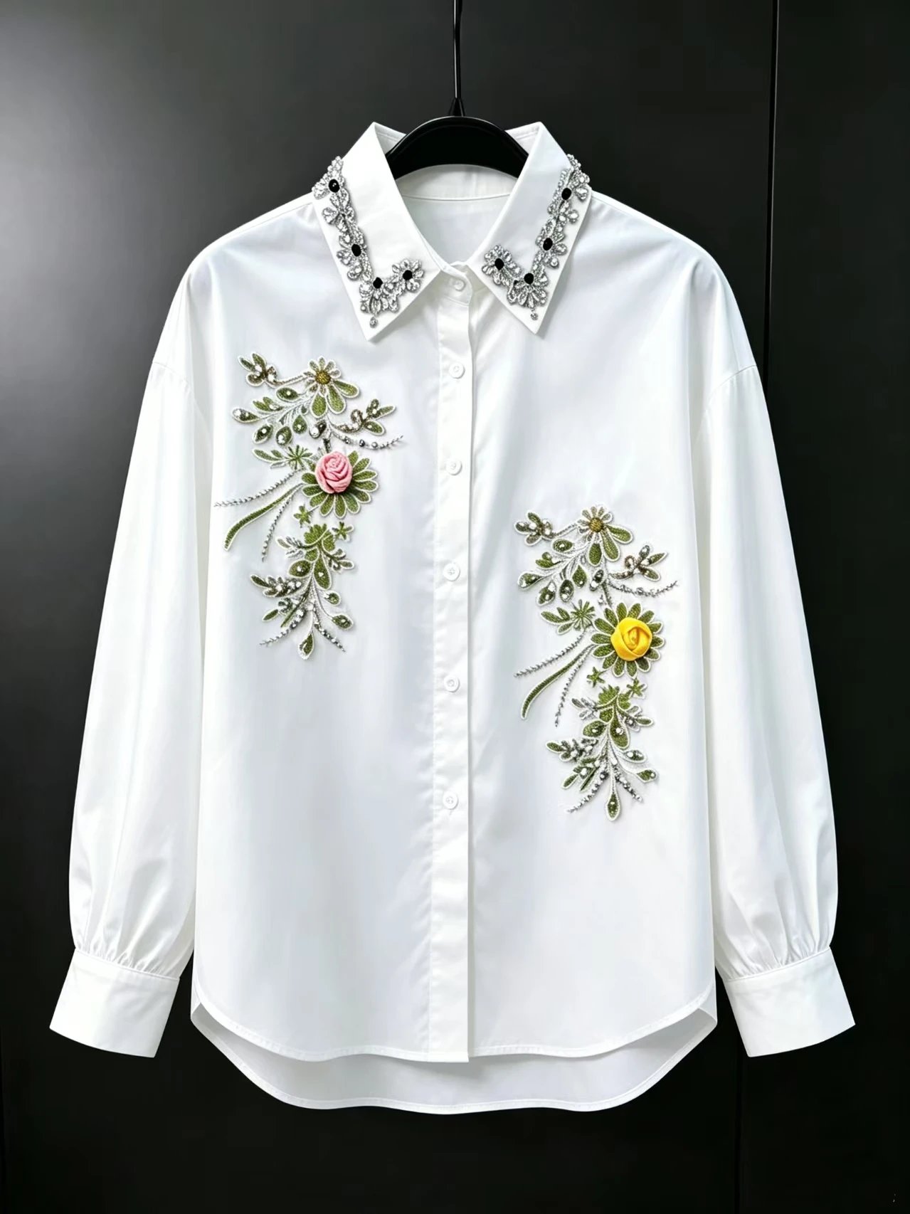Luxury Design Handmade Bling Diamonds Embroidery White Cotton Shirts Blouses Women's Long Sleeve Oversize Tops Woman Clothes Luxury Design Handmade Bling Diamonds Embroidery White Cotton Shirts Blouses Women's Long Sleeve Oversize Tops Woman Clothes