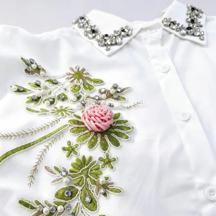 Luxury Design Handmade Bling Diamonds Embroidery White Cotton Shirts Blouses Women's Long Sleeve Oversize Tops Woman Clothes Luxury Design Handmade Bling Diamonds Embroidery White Cotton Shirts Blouses Women's Long Sleeve Oversize Tops Woman Clothes