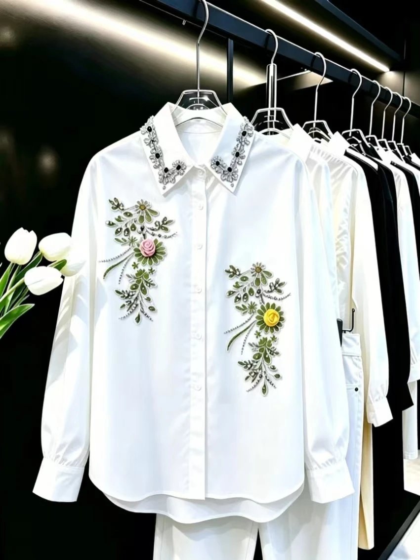 Luxury Design Handmade Bling Diamonds Embroidery White Cotton Shirts Blouses Women's Long Sleeve Oversize Tops Woman Clothes Luxury Design Handmade Bling Diamonds Embroidery White Cotton Shirts Blouses Women's Long Sleeve Oversize Tops Woman Clothes