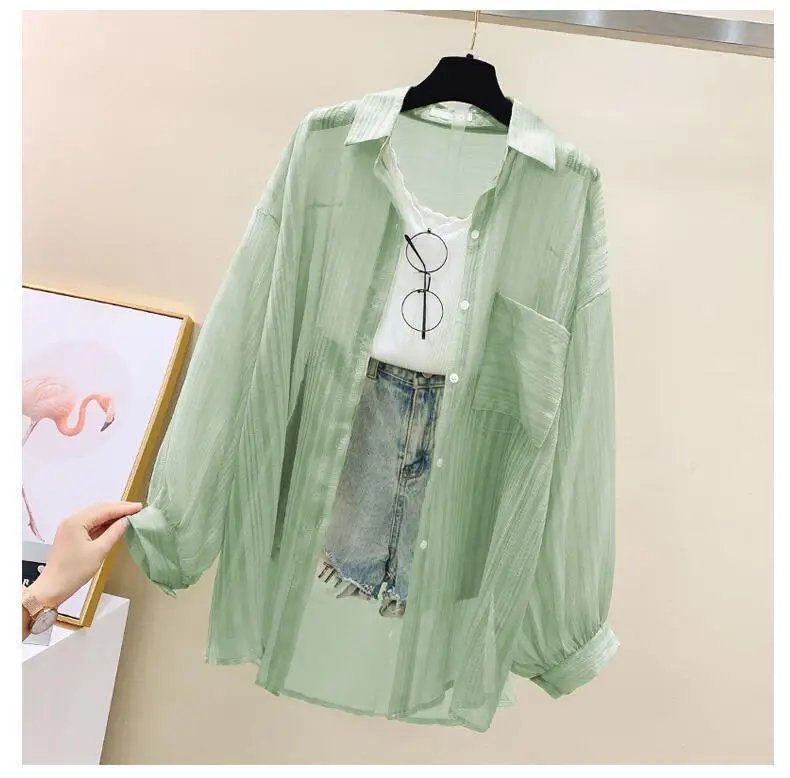 Summer Sunscreen Shirt Elegant Perspective Thin Chiffon Blouse Korean Harajuku See Through Loose Top Casual Women's Cardigan