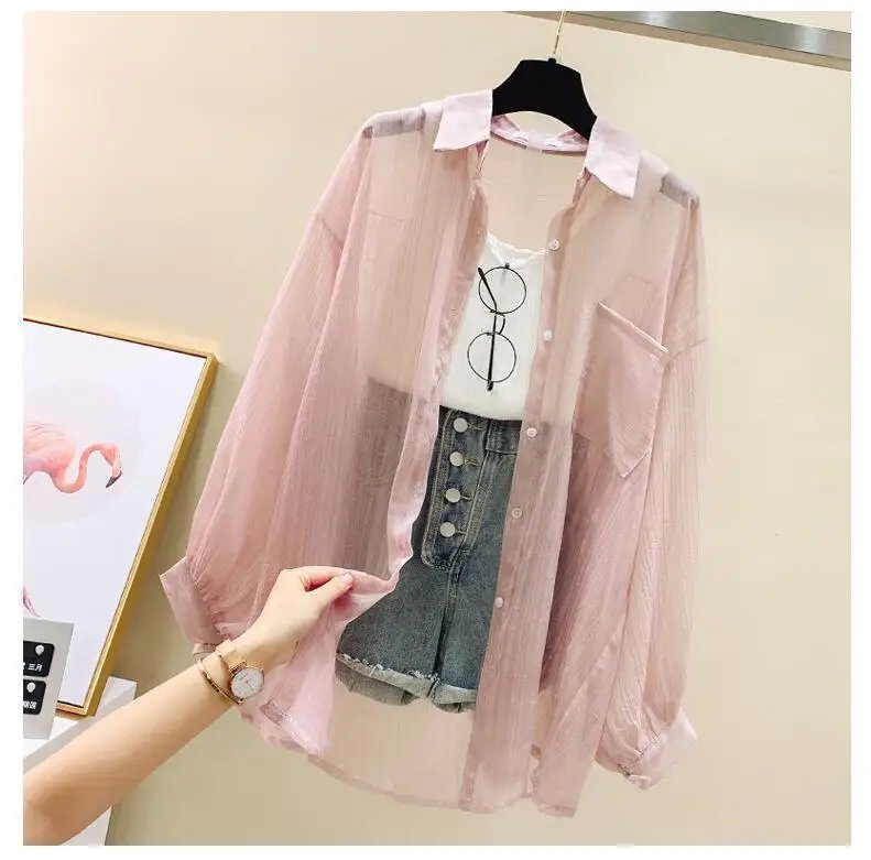 Summer Sunscreen Shirt Elegant Perspective Thin Chiffon Blouse Korean Harajuku See Through Loose Top Casual Women's Cardigan