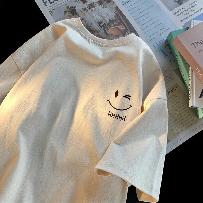 Men Women's Smiling Face Funny Fashion Couple Short Sleeved T-shirt American Basic Simple Oversized Loose Boys' Pullover Top Men Women's Smiling Face Funny Fashion Couple Short Sleeved T-shirt American Basic Simple Oversized Loose Boys' Pullover Top