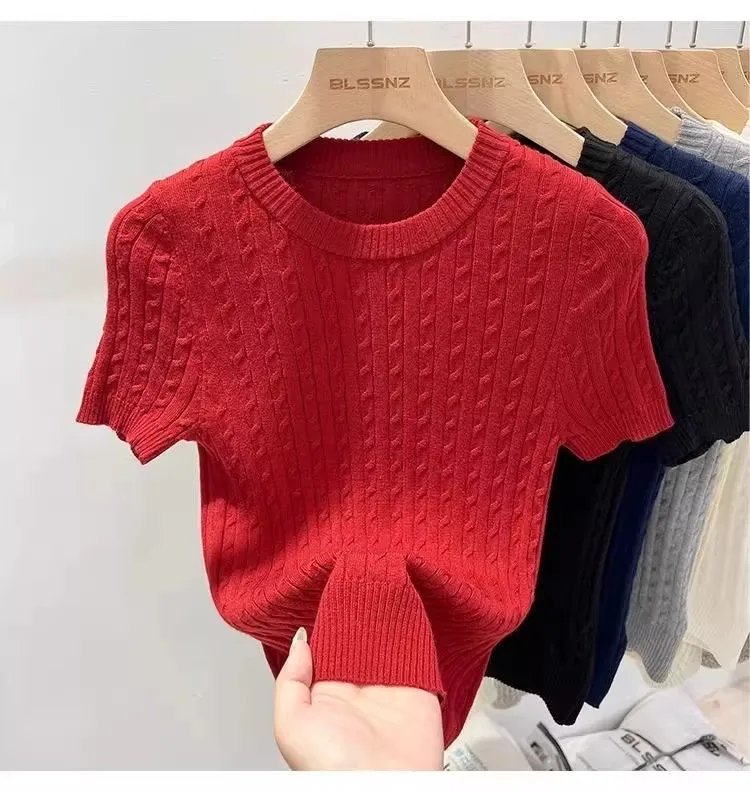 Zjaiss 2026 Summer Apricot O-Neck Women's Short Sleeve Knit Top Twist Slim Fit Short T-Shirt Trendy Solid Color Versatile Tee Zjaiss 2026 Summer Apricot O-Neck Women's Short Sleeve Knit Top Twist Slim Fit Short T-Shirt Trendy Solid Color Versatile Tee