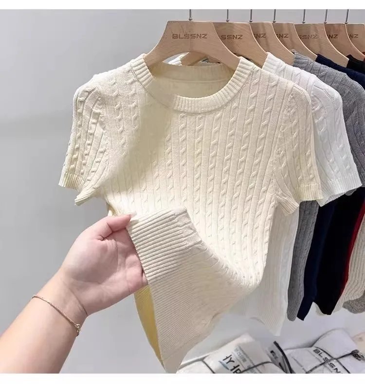Zjaiss 2026 Summer Apricot O-Neck Women's Short Sleeve Knit Top Twist Slim Fit Short T-Shirt Trendy Solid Color Versatile Tee Zjaiss 2026 Summer Apricot O-Neck Women's Short Sleeve Knit Top Twist Slim Fit Short T-Shirt Trendy Solid Color Versatile Tee