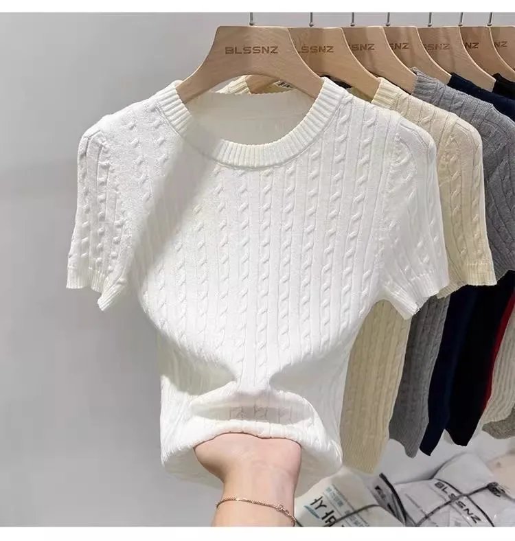 Zjaiss 2026 Summer Apricot O-Neck Women's Short Sleeve Knit Top Twist Slim Fit Short T-Shirt Trendy Solid Color Versatile Tee Zjaiss 2026 Summer Apricot O-Neck Women's Short Sleeve Knit Top Twist Slim Fit Short T-Shirt Trendy Solid Color Versatile Tee