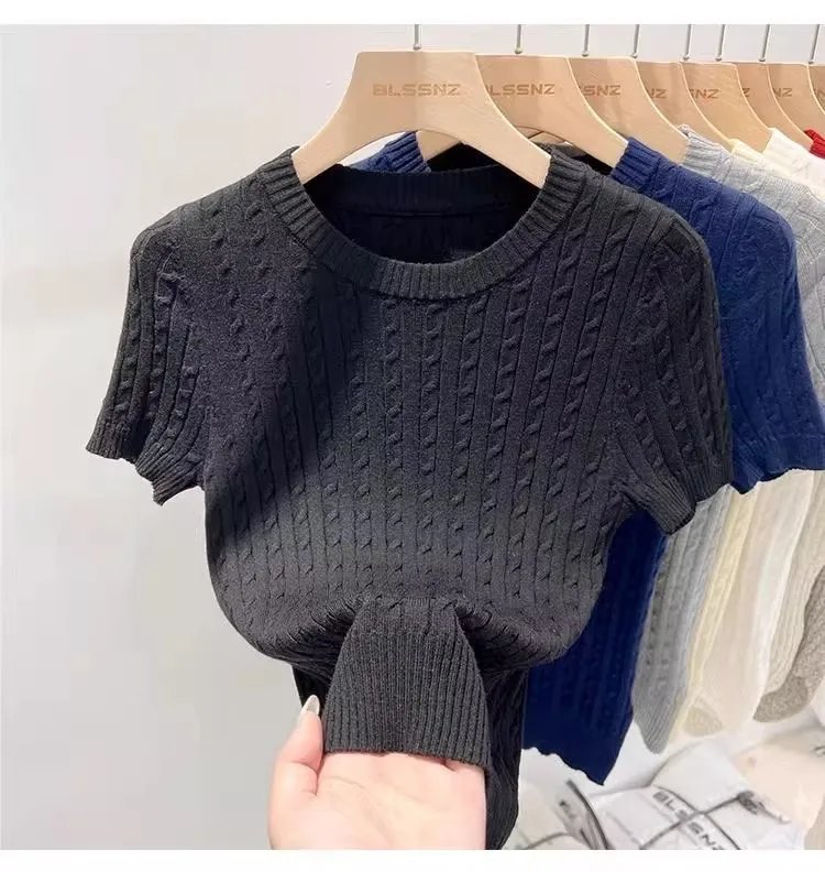 Zjaiss 2026 Summer Apricot O-Neck Women's Short Sleeve Knit Top Twist Slim Fit Short T-Shirt Trendy Solid Color Versatile Tee Zjaiss 2026 Summer Apricot O-Neck Women's Short Sleeve Knit Top Twist Slim Fit Short T-Shirt Trendy Solid Color Versatile Tee