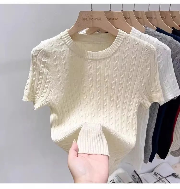 Zjaiss 2026 Summer Apricot O-Neck Women's Short Sleeve Knit Top Twist Slim Fit Short T-Shirt Trendy Solid Color Versatile Tee Zjaiss 2026 Summer Apricot O-Neck Women's Short Sleeve Knit Top Twist Slim Fit Short T-Shirt Trendy Solid Color Versatile Tee